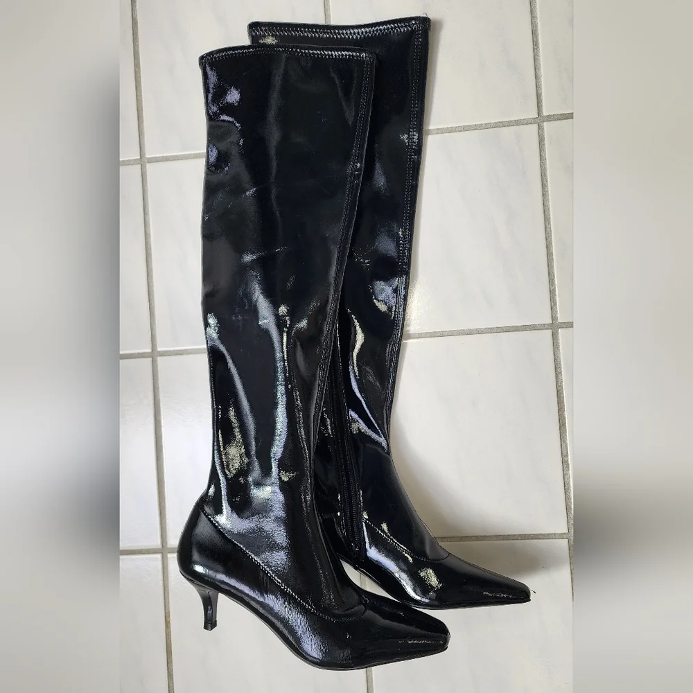 Abound Black Shiny Patent Faux Leather Over Knee Carmy Boots Kitten Heel Size 5